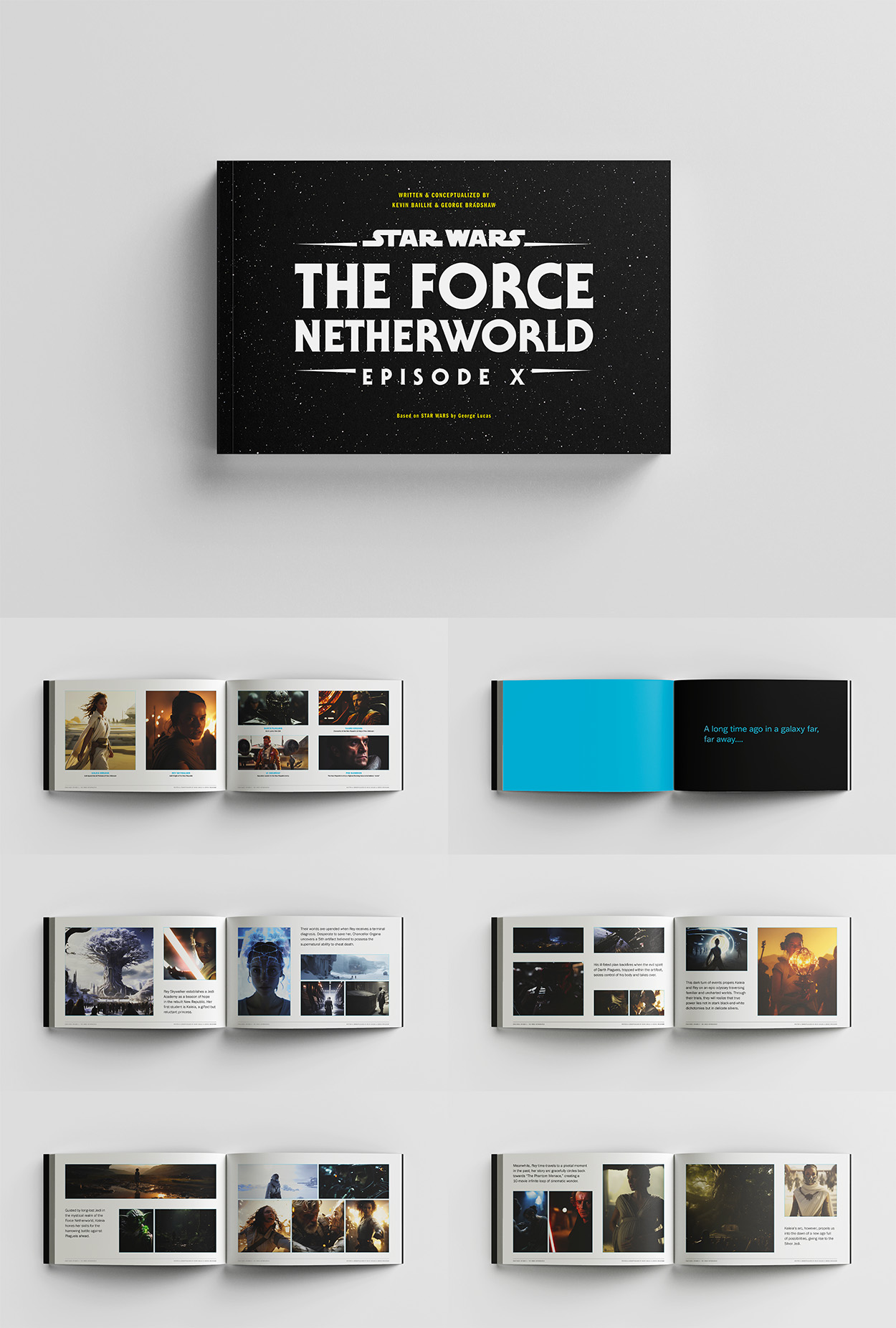 Cover and six spreads of the lookbook for Star Wars: Episode X - The Force Netherworld, showcasing the custom logo and AI-generated imagery.